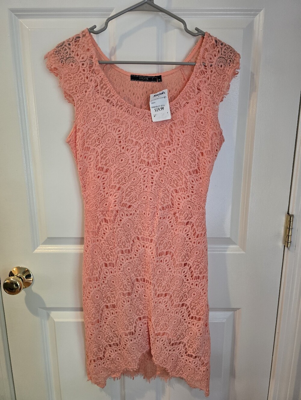Lace Cap-Sleeve Mini Dress in Coral Pink